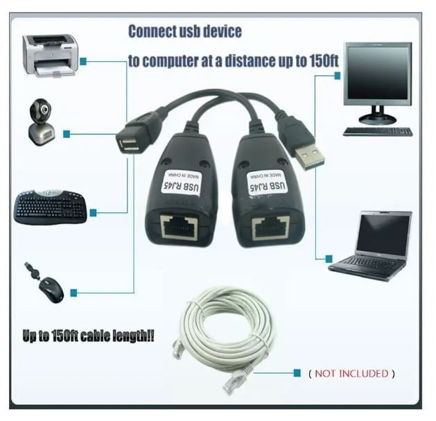 The Ultimate Strings - Converter and Components - USB Extender 150 Ft USB (Male) To RJ45 + USB (Female) USB Over Cat5/5e/6 Extension Adapter RJ45 Up To 150ft Length USB LAN Extender